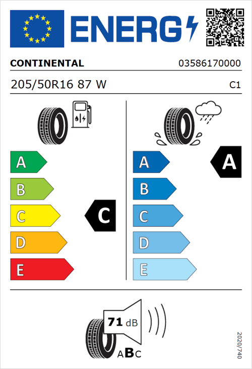 Tyre Label for Continental PremiumContact 6 205/50R16 87W