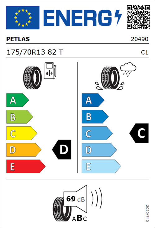 Tyre Label for Petlas Elegant PT311 175/70R13 82T